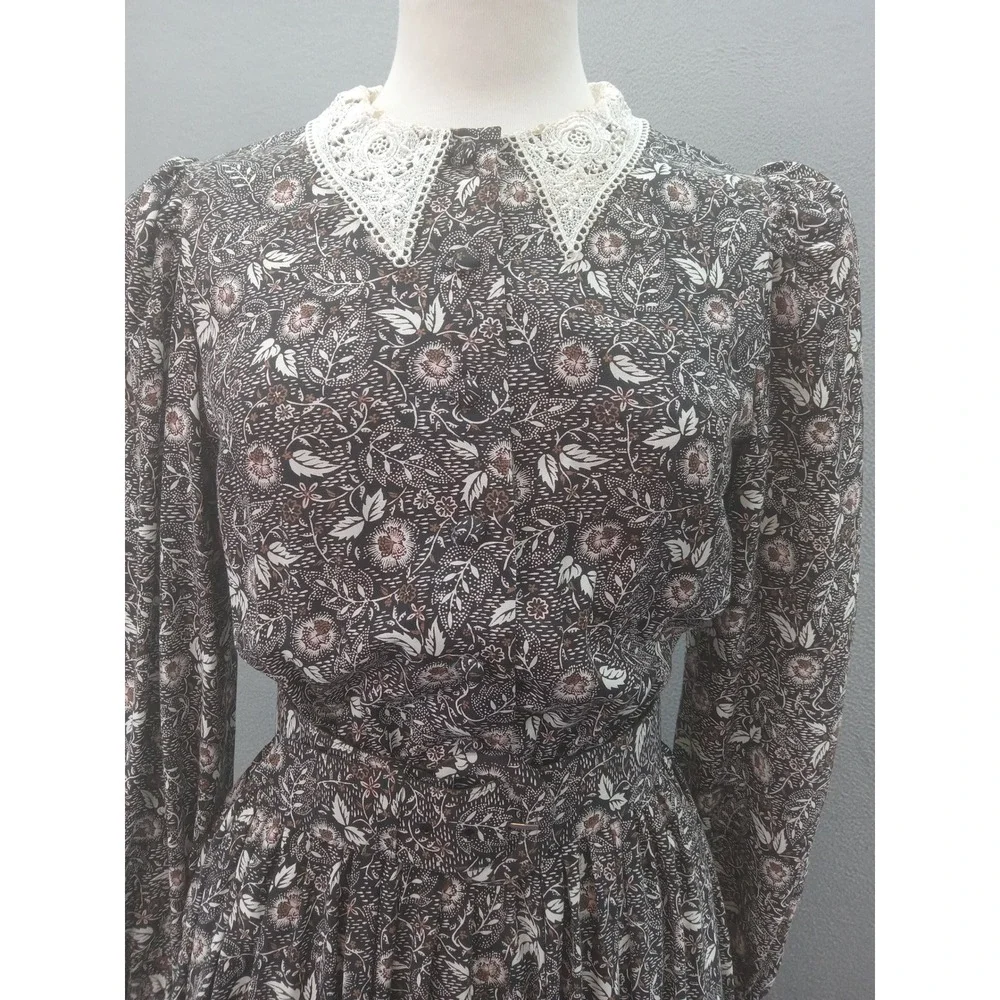 J.Jill Prairie Long Sleeve Maxi Dress Floral Lace Trim Cottagecore Vintage Small